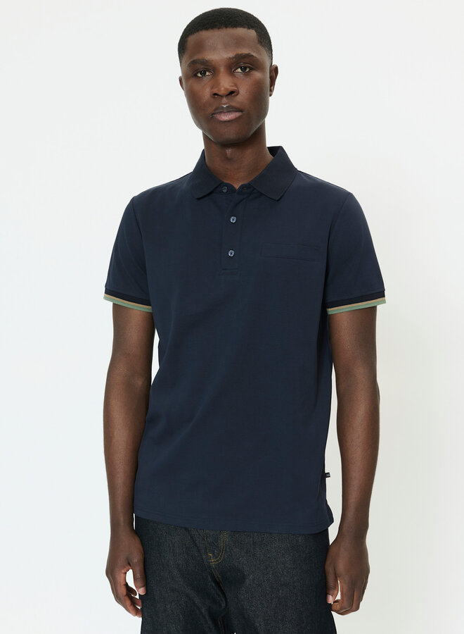 Polo Matinique Jeremy bleu marine bordé beige & bleu aux manches