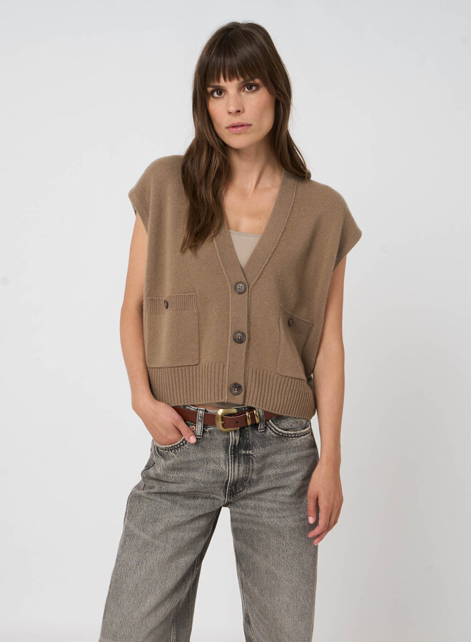 Débardeur Repeat en cachemire à col V boutonné brun noisette