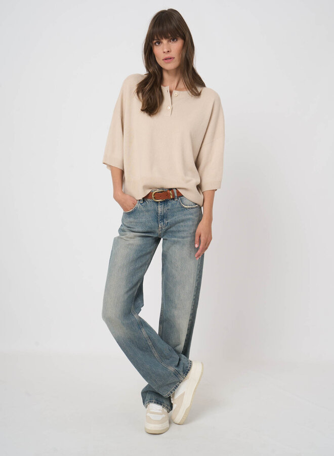 Tricot Repeat ample en cachemire à col rond boutonné & manches larges beige naturel