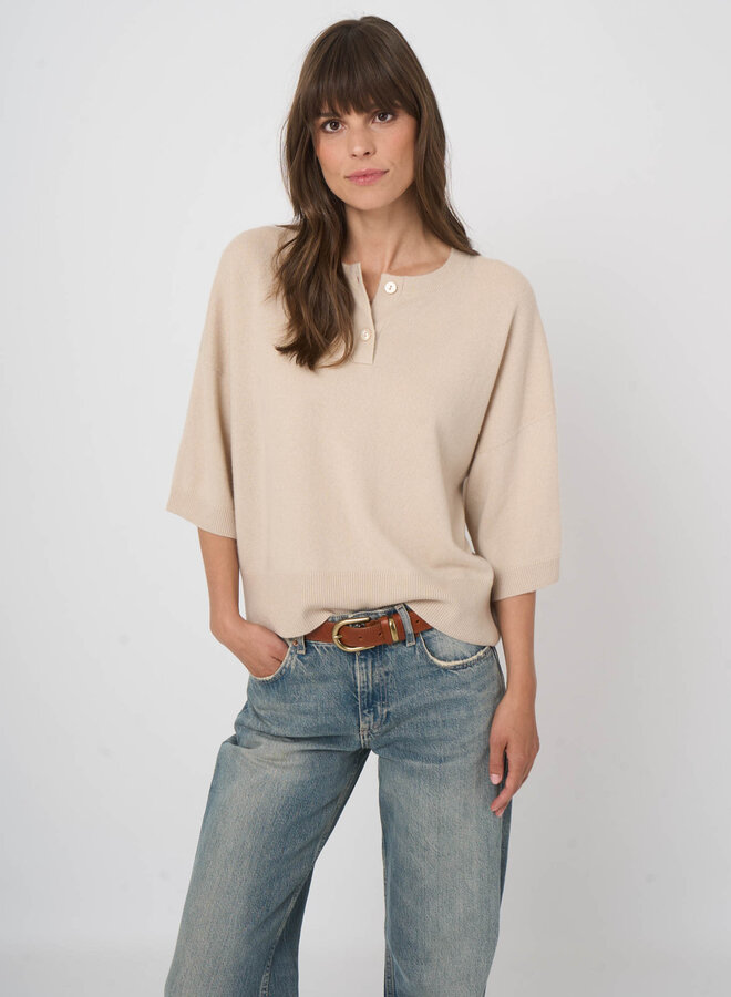 Tricot Repeat ample en cachemire à col rond boutonné & manches larges beige naturel