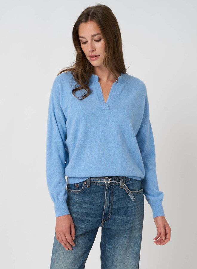 Tricot Repeat en cachemire à col V frangé bleu ciel mélange