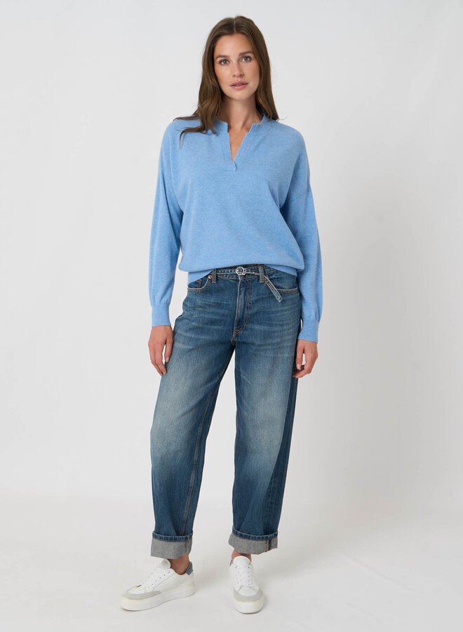 Tricot Repeat en cachemire à col V frangé bleu ciel mélange