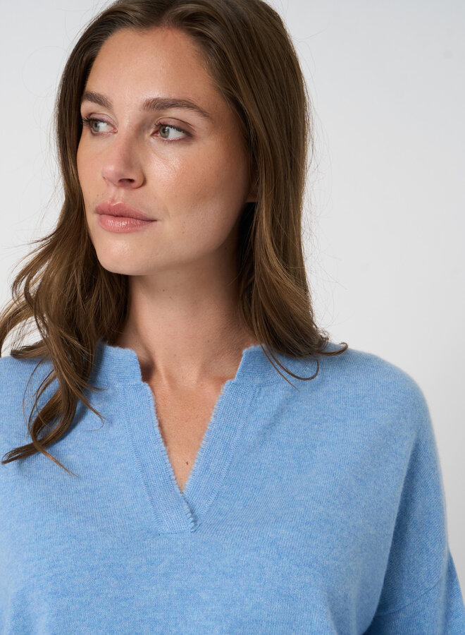 Tricot Repeat en cachemire à col V frangé bleu ciel mélange