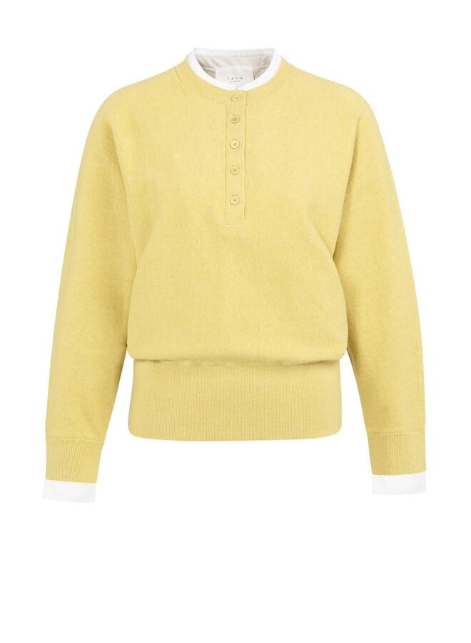 Tricot Yaya à col rond boutonné jaune citron avec fausse chemise blanche