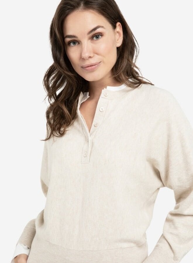 Tricot Yaya à col rond boutonné beige mélange avec fausse chemise blanche