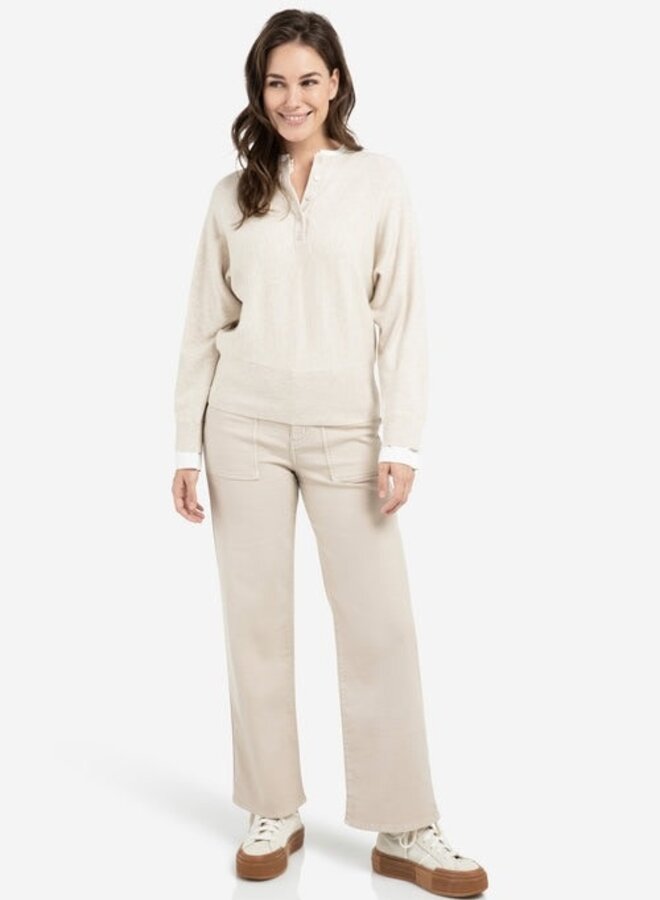 Tricot Yaya à col rond boutonné beige mélange avec fausse chemise blanche