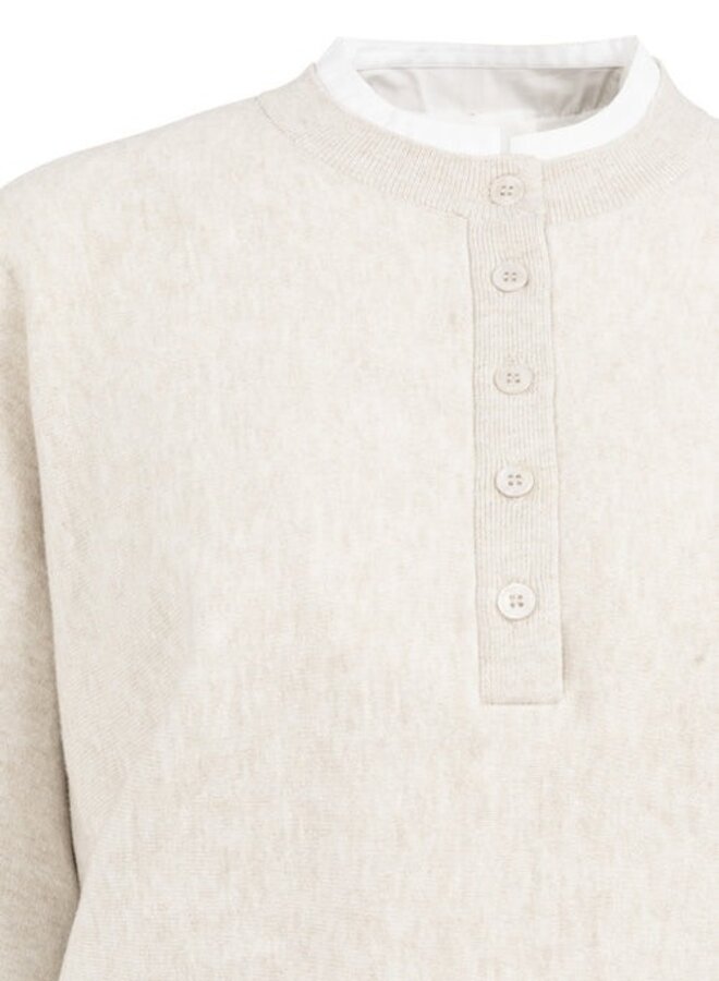 Tricot Yaya à col rond boutonné beige mélange avec fausse chemise blanche