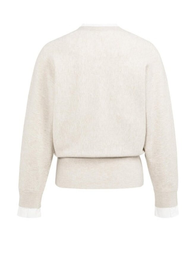 Tricot Yaya à col rond boutonné beige mélange avec fausse chemise blanche