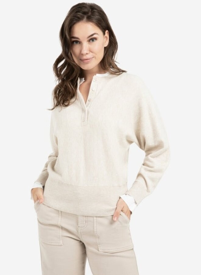 Tricot Yaya à col rond boutonné beige mélange avec fausse chemise blanche