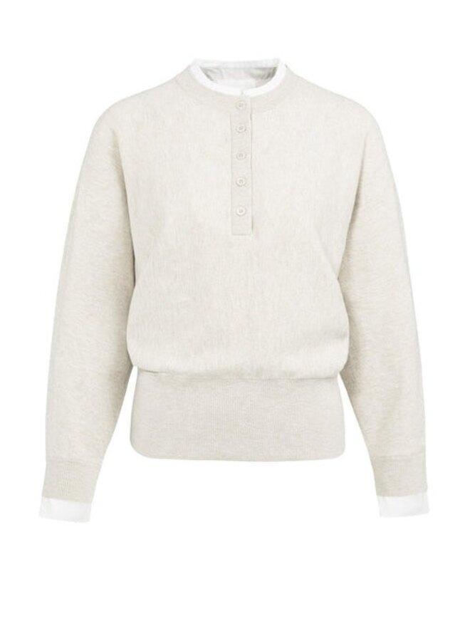 Tricot Yaya à col rond boutonné beige mélange avec fausse chemise blanche