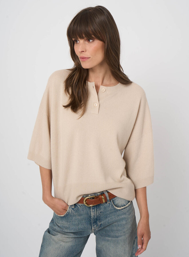 Tricot Repeat ample en cachemire à col rond boutonné & manches larges beige naturel