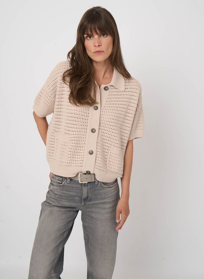 Cardigan Repeat à col classique & manches courtes ajouré beige naturel