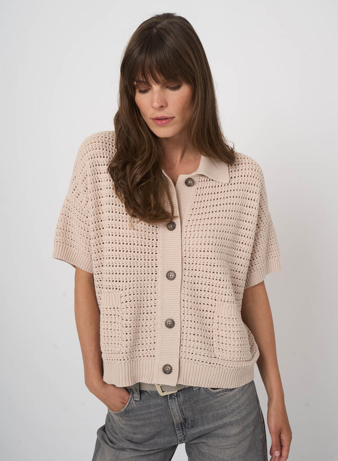 Cardigan Repeat à col classique & manches courtes ajouré beige naturel