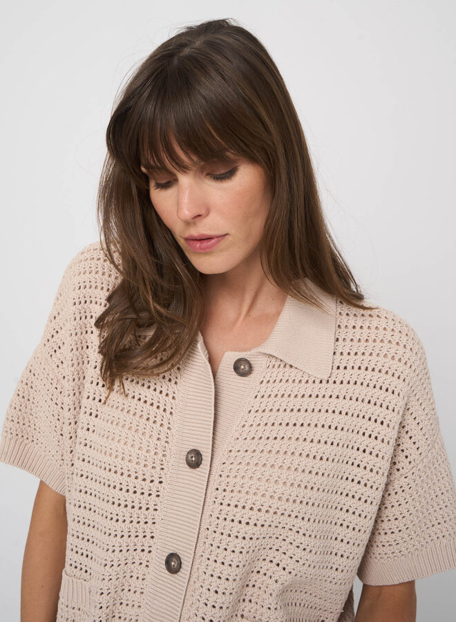 Cardigan Repeat à col classique & manches courtes ajouré beige naturel