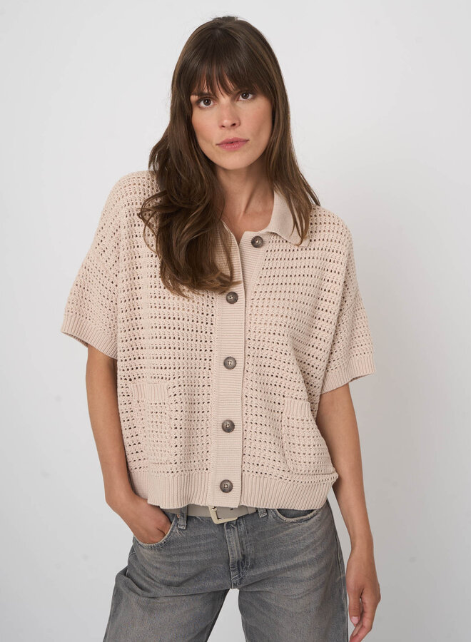 Cardigan Repeat à col classique & manches courtes ajouré beige naturel