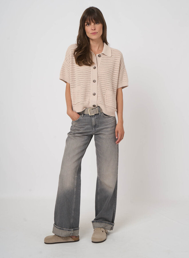 Cardigan Repeat à col classique & manches courtes ajouré beige naturel