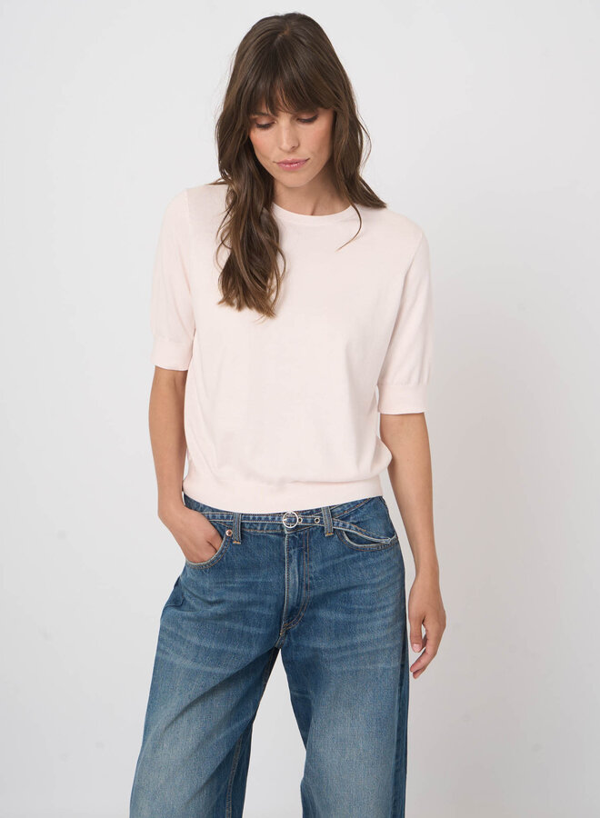 Tricot Repeat en coton des Îles à manches aux coudes rose pâle