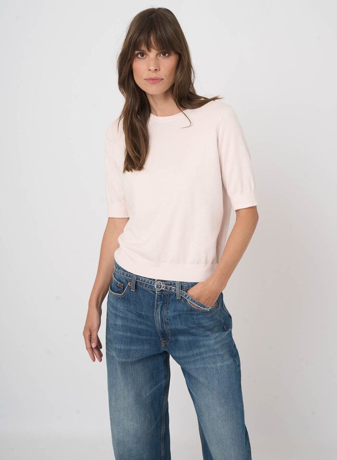 Tricot Repeat en coton des Îles à manches aux coudes rose pâle