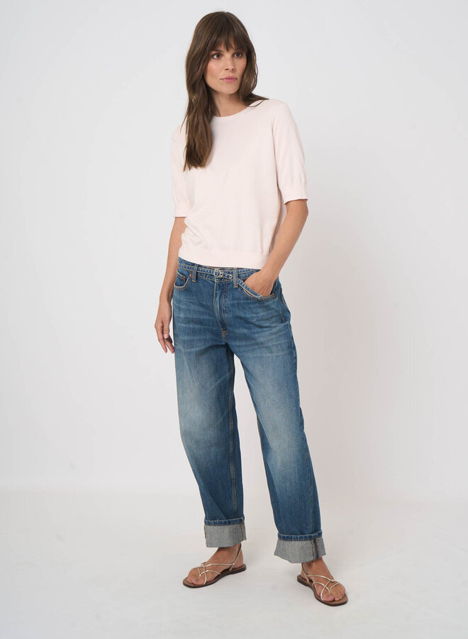 Tricot Repeat en coton des Îles à manches aux coudes rose pâle