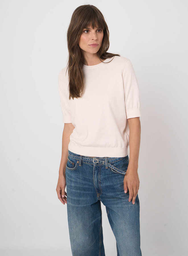 Tricot Repeat en coton des Îles à manches aux coudes rose pâle