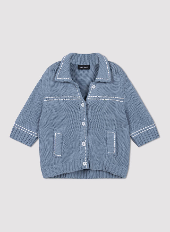 Cardigan Repeat bleu denim à surpiqures blanches