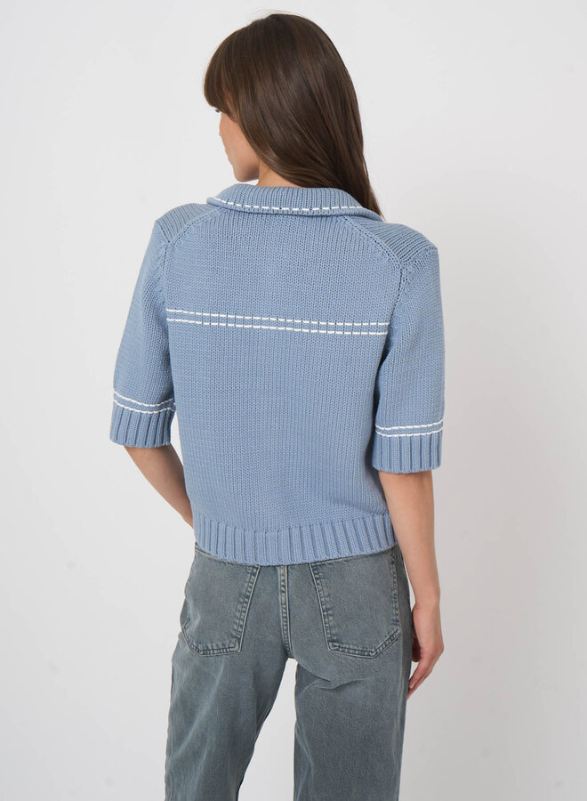 Cardigan Repeat bleu denim à surpiqures blanches