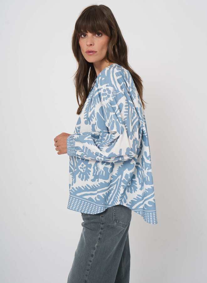 Blouse Repeat ample fleurie bleu denim & blanche