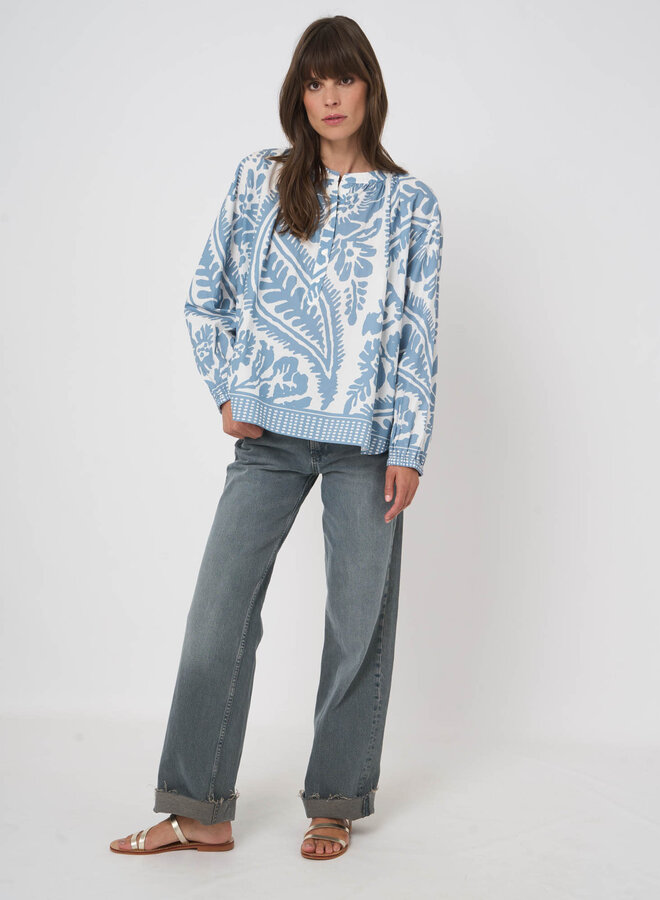 Blouse Repeat ample fleurie bleu denim & blanche