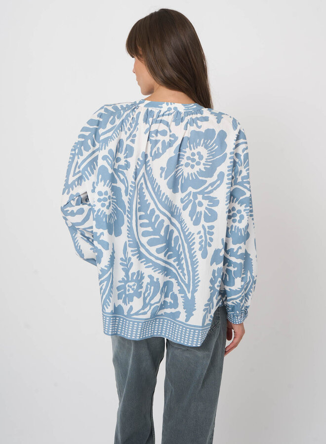 Blouse Repeat ample fleurie bleu denim & blanche