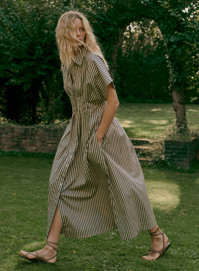 Robe longue chemisier Repeat rayée crème, noisette & noire