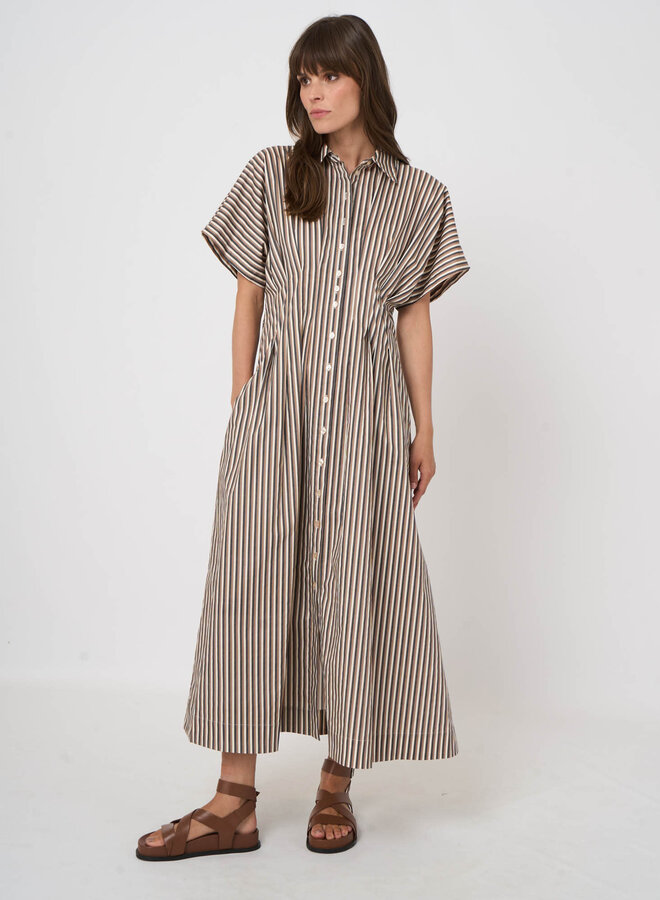 Robe longue chemisier Repeat rayée crème, noisette & noire