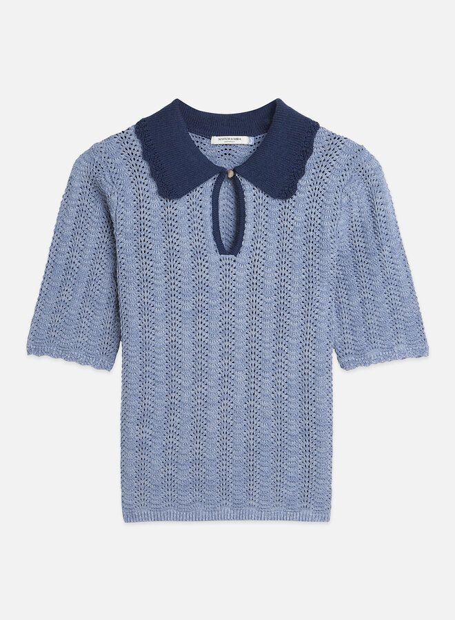 Tricot Scotch & Soda à col polo bleu marine en crochet bleu infini