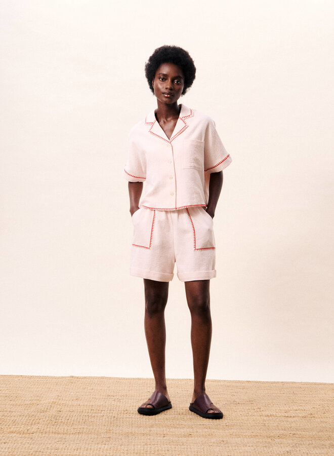 Short Frnch Paris Celestea rose gaufré avec bordures rouge chili