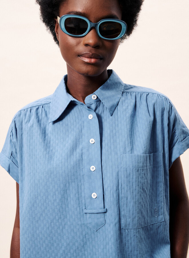 Blouse Frnch Paris Brizea à rayures ton sur ton bleu denim