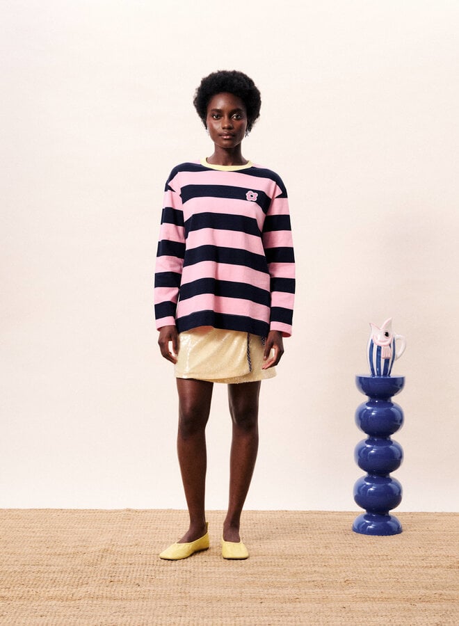 Chandail Frnch Paris Galiana rayé bleu marine & rose avec col jaune