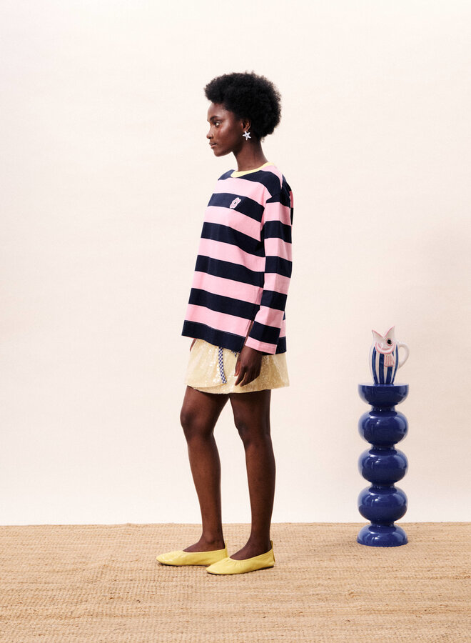 Chandail Frnch Paris Galiana rayé bleu marine & rose avec col jaune