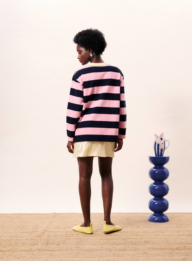 Chandail Frnch Paris Galiana rayé bleu marine & rose avec col jaune