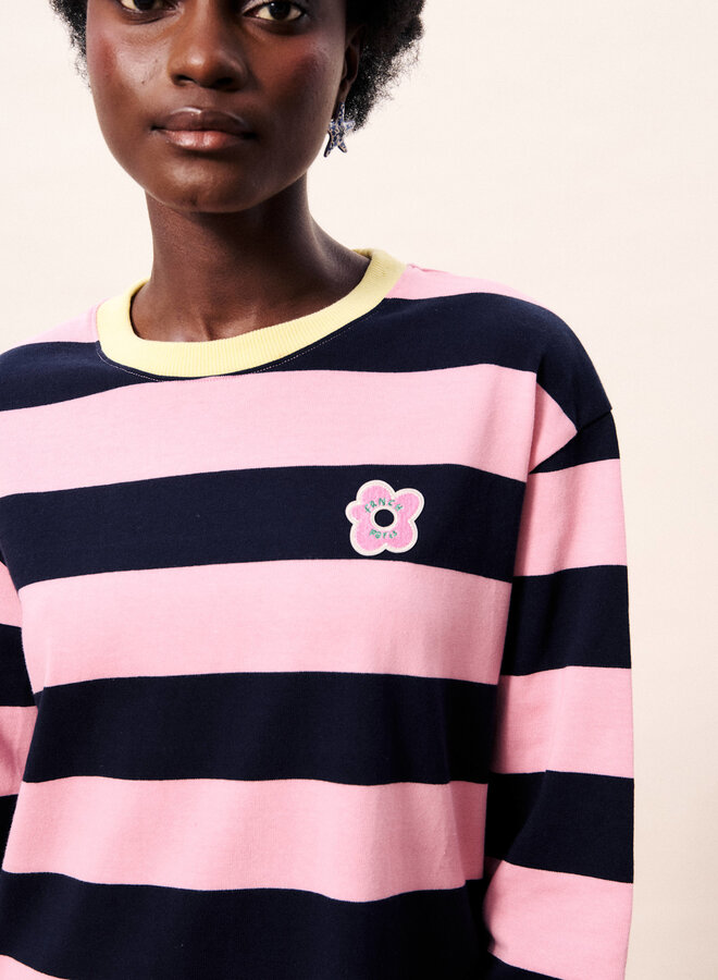 Chandail Frnch Paris Galiana rayé bleu marine & rose avec col jaune