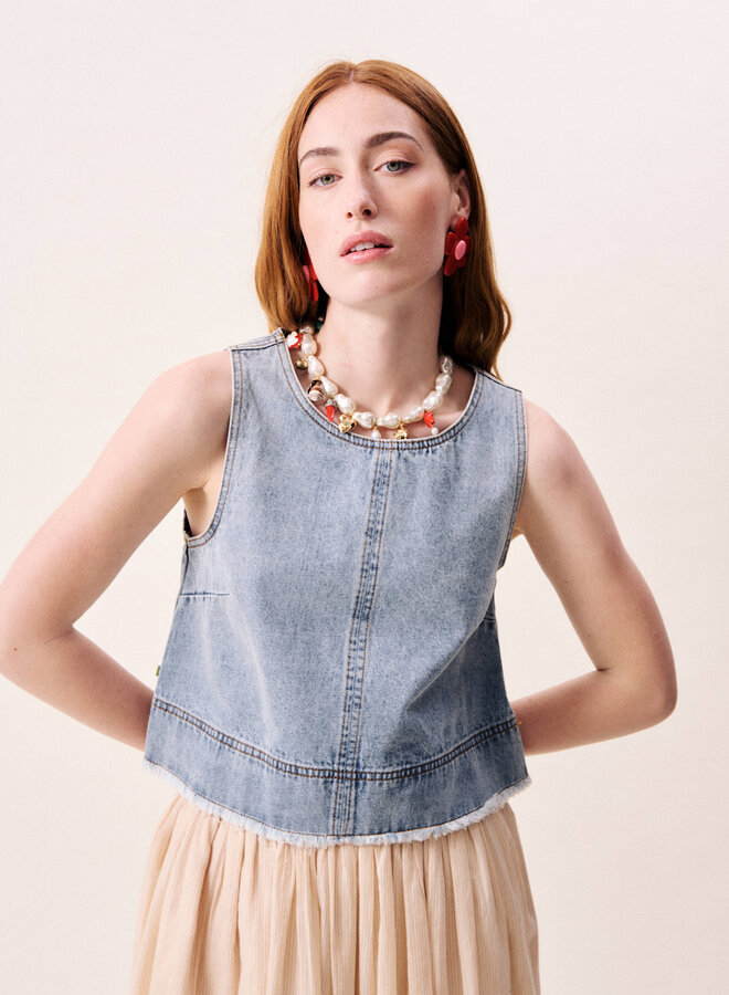 Haut Frnch Paris Aqualina sans manches en denim bleu moyen