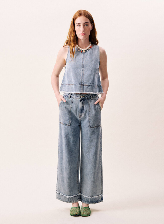 Haut Frnch Paris Aqualina sans manches en denim bleu moyen