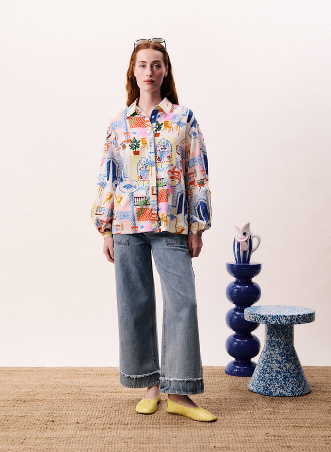 Chemise Frnch Paris Topaze imprimée fruits de la mer bleu & rouge multi