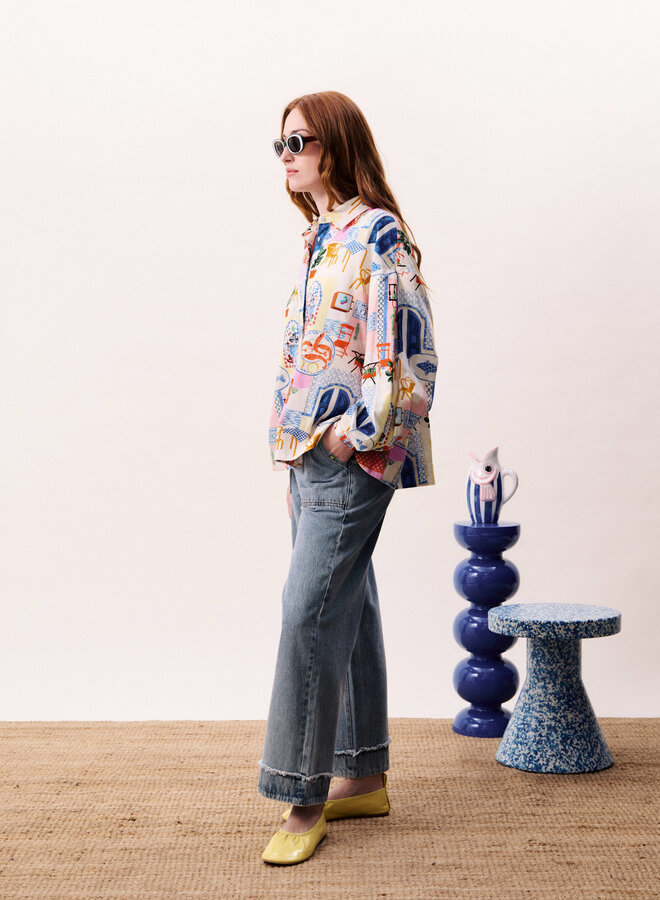 Chemise Frnch Paris Topaze imprimée fruits de la mer bleu & rouge multi