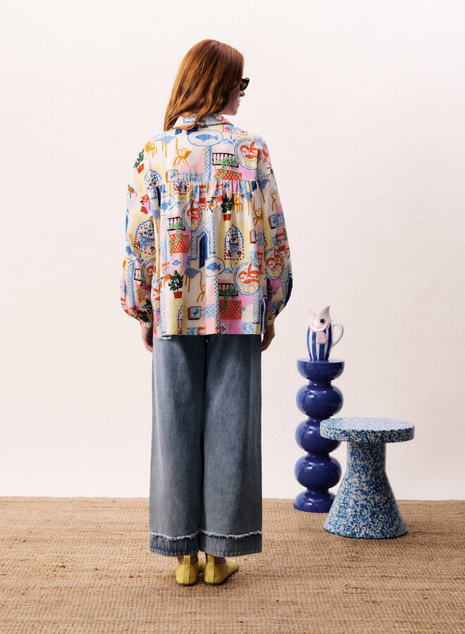 Chemise Frnch Paris Topaze imprimée fruits de la mer bleu & rouge multi