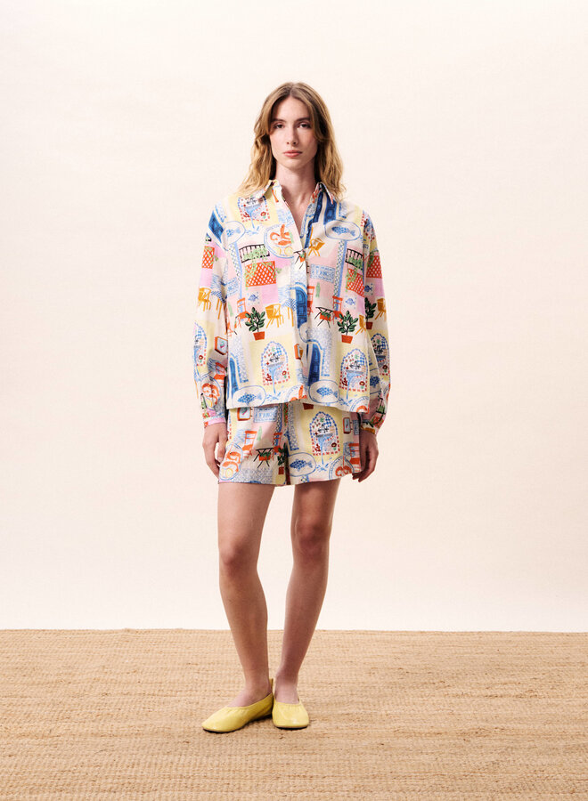 Short Frnch Paris Lapis imprimé fruits de la mer bleu & rouge multi