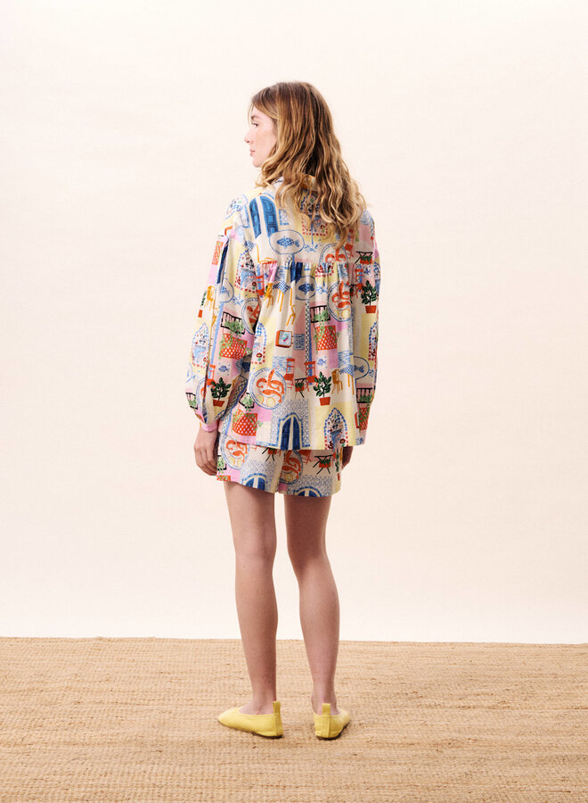 Short Frnch Paris Lapis imprimé fruits de la mer bleu & rouge multi