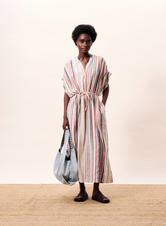 Robe longue Frnch Paris Indigo rayée rouge & beige multi