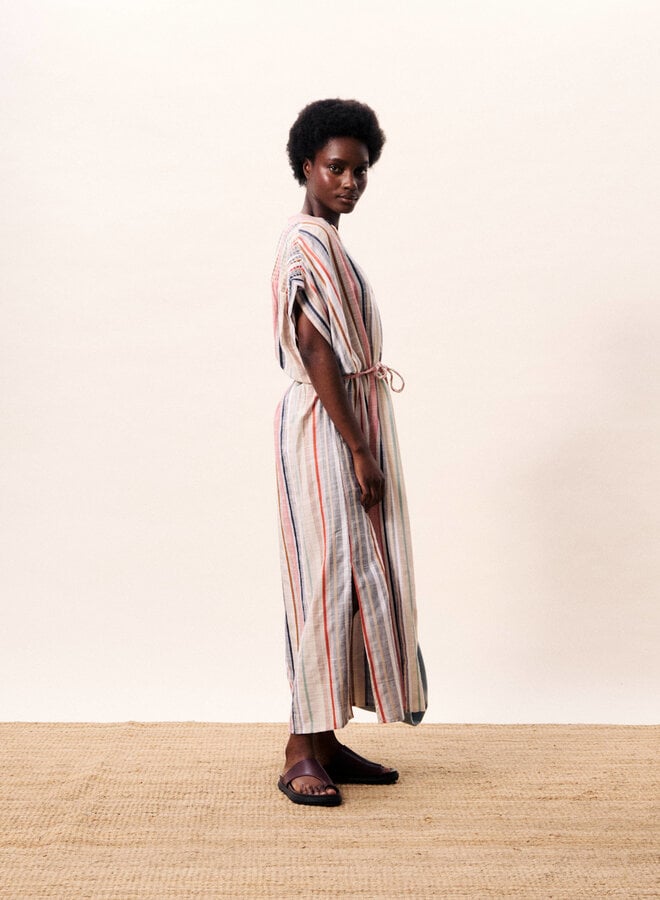 Robe longue Frnch Paris Indigo rayée rouge & beige multi