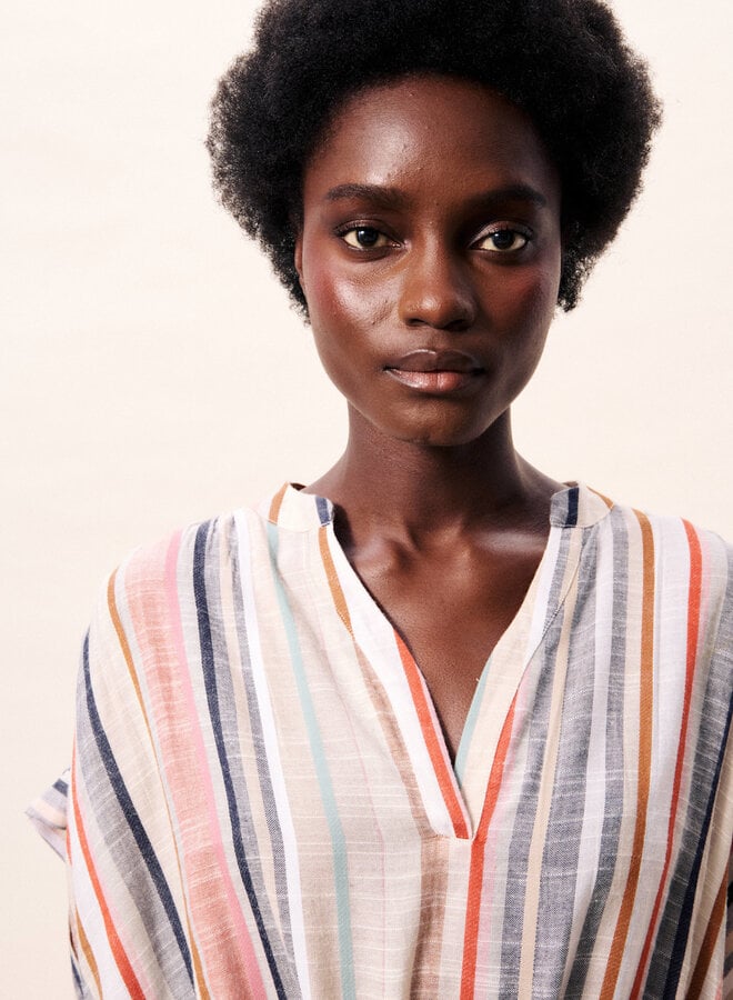 Robe longue Frnch Paris Indigo rayée rouge & beige multi