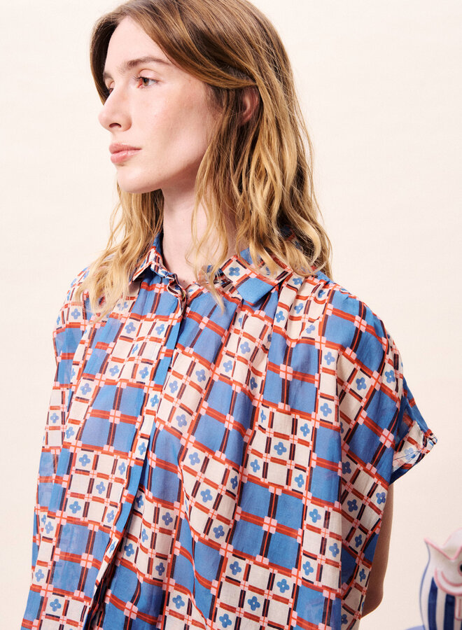 Blouse Frnch Paris Chrysocolle imprimée bleu roi, rouge & rose