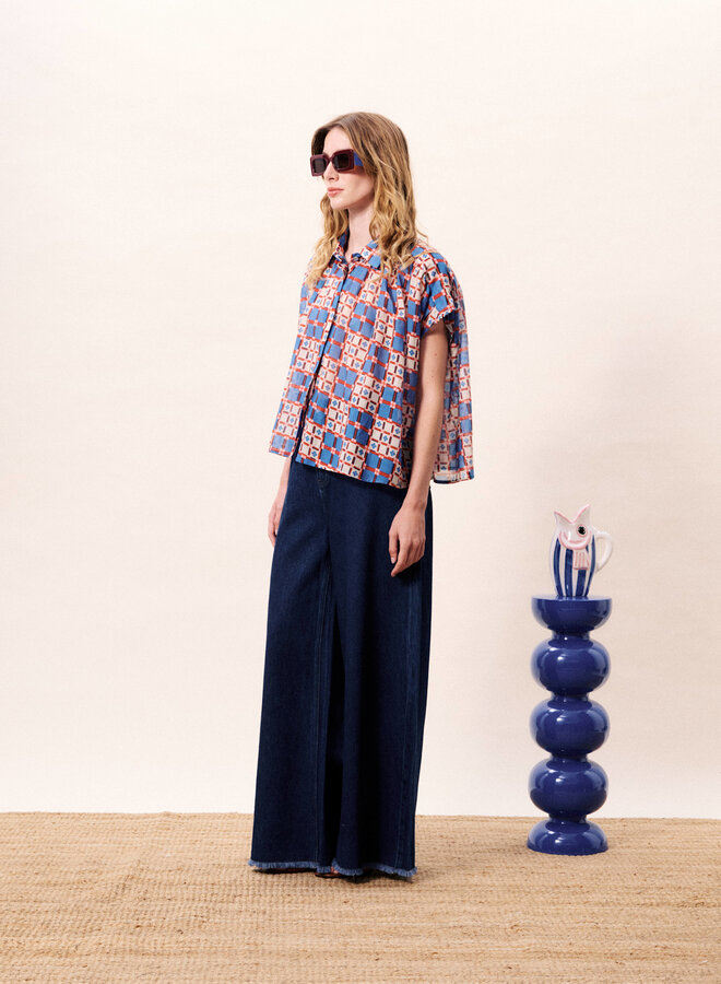 Blouse Frnch Paris Chrysocolle imprimée bleu roi, rouge & rose